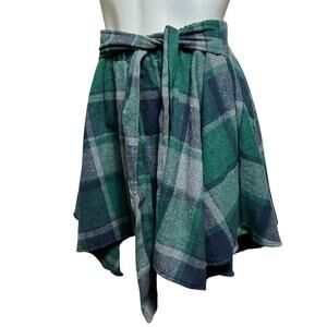 Emery Rose Green Navy Plaid Asymmetric Skirt Cotton Elastic Waist Tie Front S